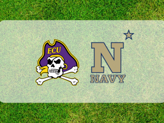 Navy and East Caroline logos on grass field
